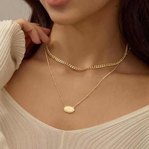 14K Gold Plated Layered Initial Necklace Set Chunky Cuban Chain Stackable - Picture 4 of 7